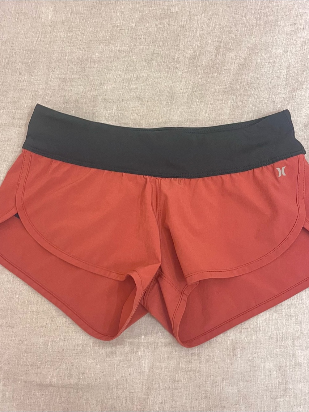 Hurley Women's Coral-Red Athletic Shorts with Black Waistband